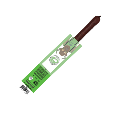 Buffalo Snack Stick that is low fat, low carb, high protein, natural, and zero sugar. The perfect meat snack to stay healthy and give you the energy you need.  The opened package showing the delicious buffalo jerky stick. 